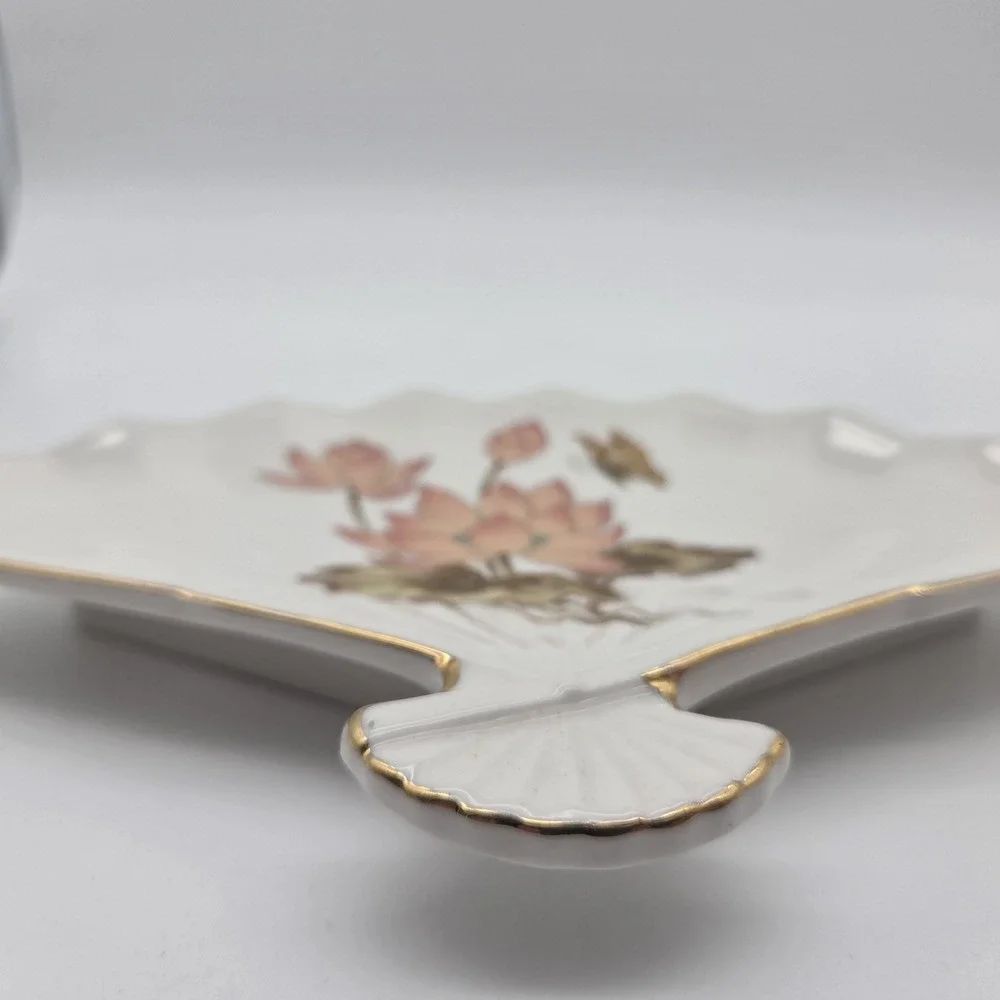 Vintage Fan Shaped Porcelain Dish Tray Pink Floral Lotus Butterfly Made in Japan